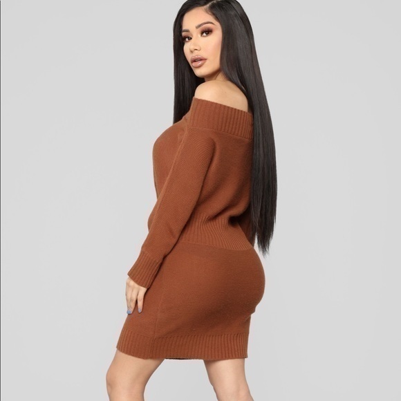 Mustard sweater Dress - long sleeve Off Shoulder - Picture 5 of 8